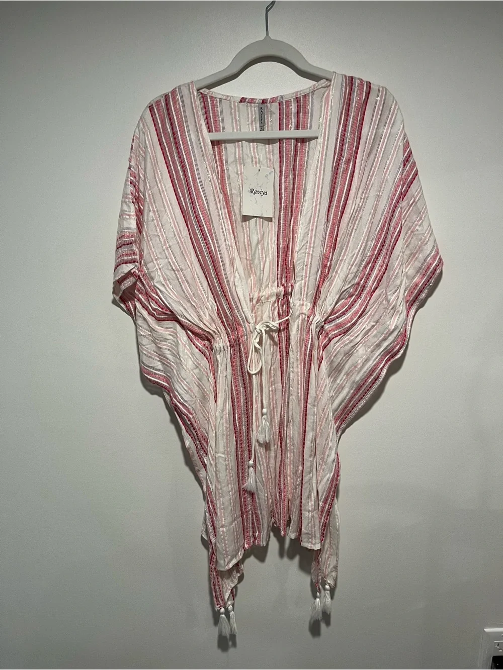 Raviya Pink and White Striped Sheer Swim Cover-Up with Tassels